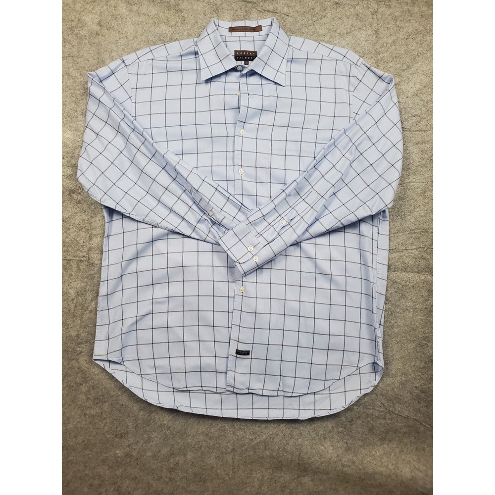 Robert Talbott Men's Large Shirt Blue Windowpane Plaid Button Down Long Sleeve